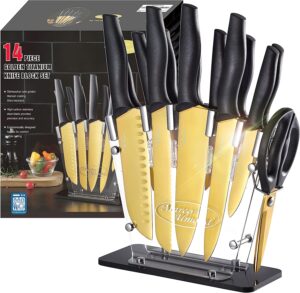 Marco Almond Gold Knife Set with Acrylic Stand - KYA23